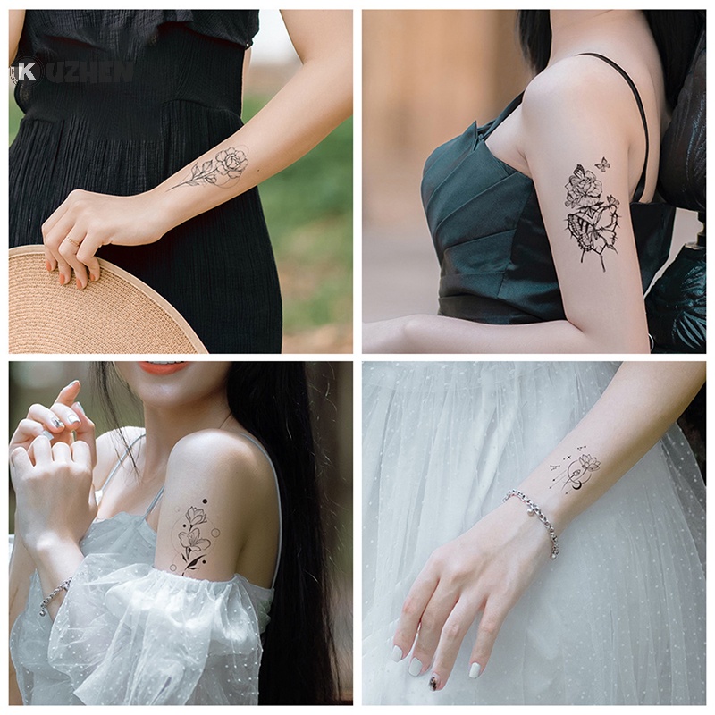 Kuzhen không thấm nước hình xăm tạm thời dán bướm đen hoa hồng chuyển flash tatoo hot