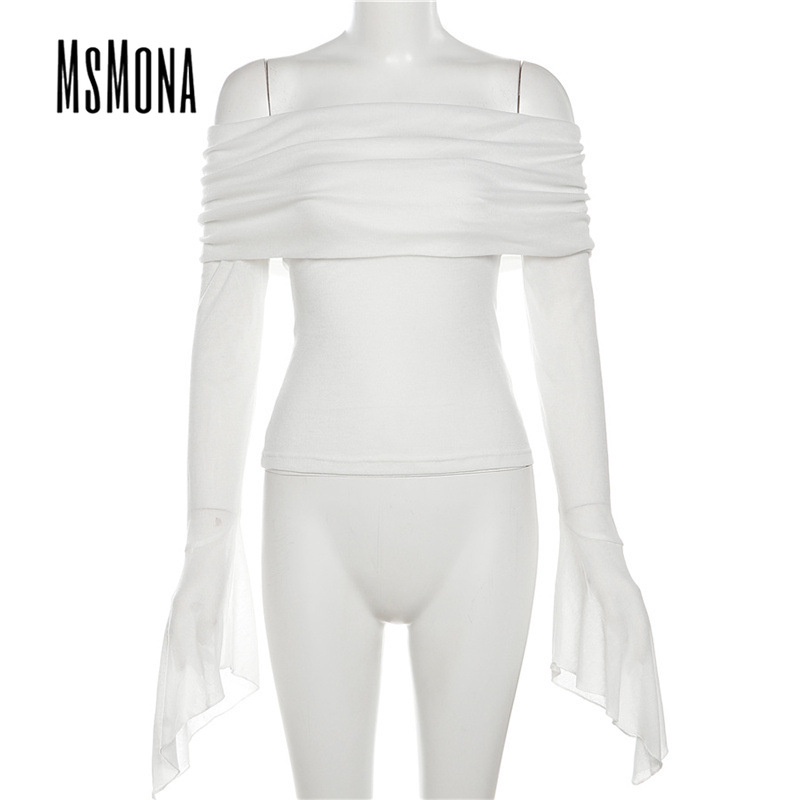 Áo thun nữ MsMona tay dài trễ vai ôm dáng vừa vặn màu trơn sexy thời trang mới 2023