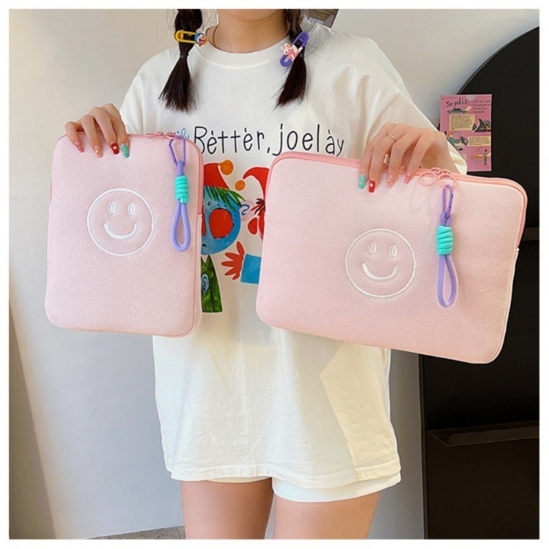 Mặt cười thời trang túi đựng máy tính xách tay cotton polyester màu tinh khiết 11 13 14 inch túi đựng máy tính bảng có dây kéo cho macbook ipad vỏ bảo vệ có dây buộc