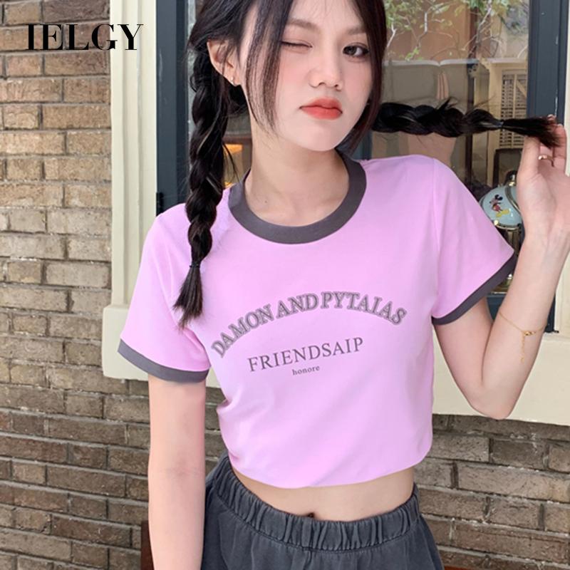 IELGY Áo Thun Cổ Tròn In Họa Tiết Màu Sắc Tương Phản Thời Trang Cho Nữ