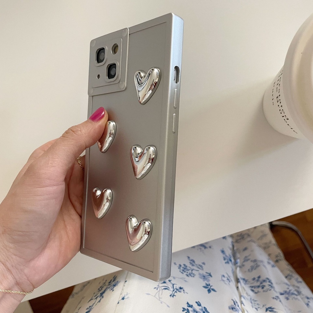 Ốp Điện Thoại Hình Vuông Mạ Họa Tiết Trái Tim Cho Iphone 13 14Pro max 12 / 11