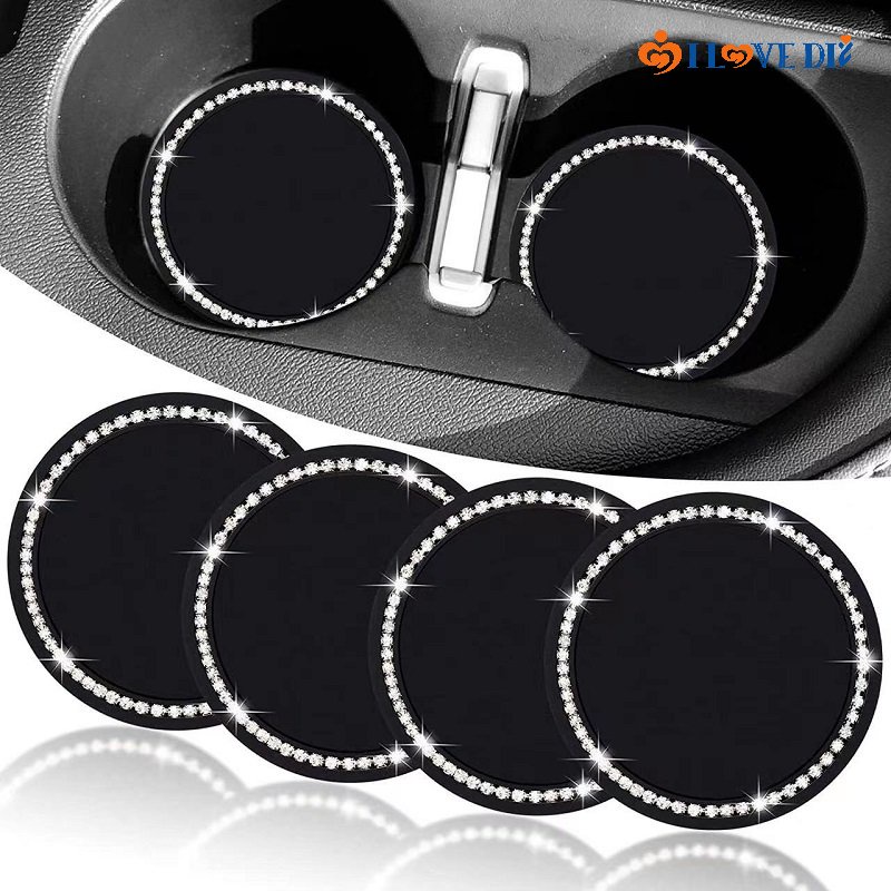 Set 2 Đế Lót Ly Cách Nhiệt Chống Trượt Hình Tròn Đính Đá Bằng PVC Chất Lượng Cao Cho Xe Hơi