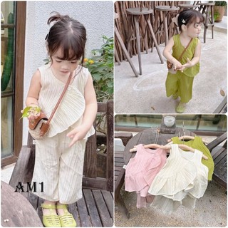 Set bộ quần áo bé gái tb283 tn284 bộ đũi gân bèo chéo bé gái