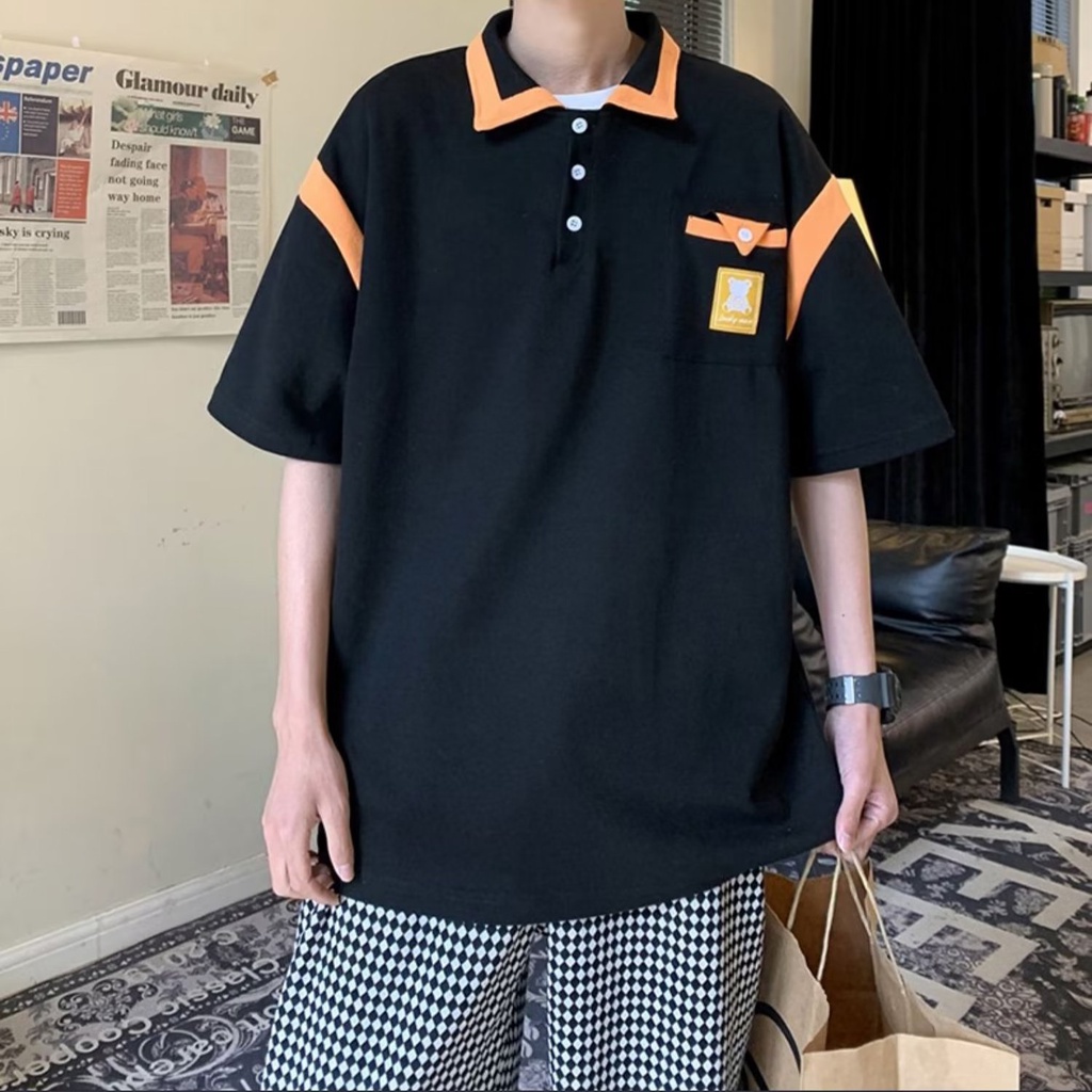 Áo Thun Tay Ngắn Cổ Bẻ 7 Màu Sắc Tương Phản Phong Cách Preppy Thời Trang Cho Nam