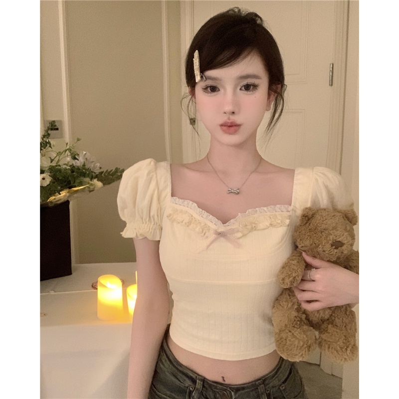 Áo Thun Nữ Ngắn Tay Cổ Tròn Đính Nơ Thời Trang Hàn