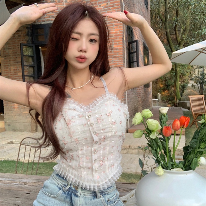 Áo Tank Top Không Tay In Hoa Phối Ren Phong Cách Hàn Quốc Cho Nữ