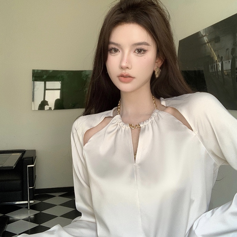 Áo Sơ Mi Tay Dài Màu Trơn Không Dây Dành Cho Nữ