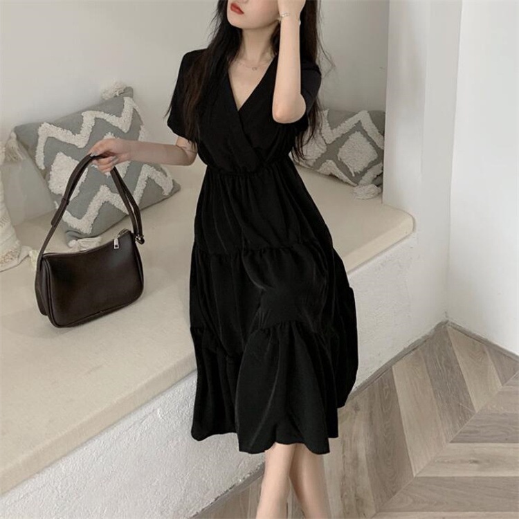 IELGY  Đầm Dài Cổ Chữ v Màu Đen Phong Cách Pháp Thời Trang Cho Nữ