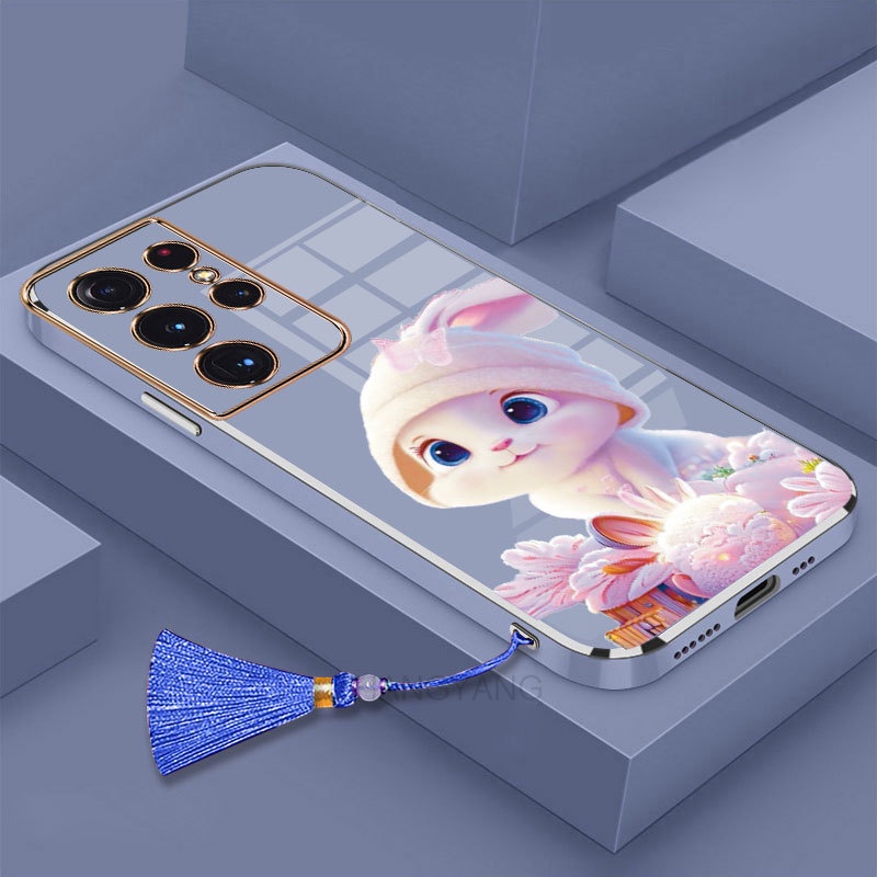 ốp lưng Samsung s23 Ultra s23 plus s23 Ốp Điện Thoại Tpu Dẻo Mạ Màu Gradient In Hình Thỏ Kèm Dây Đeo Cho Samsung s23 Ultra s23 plus s23