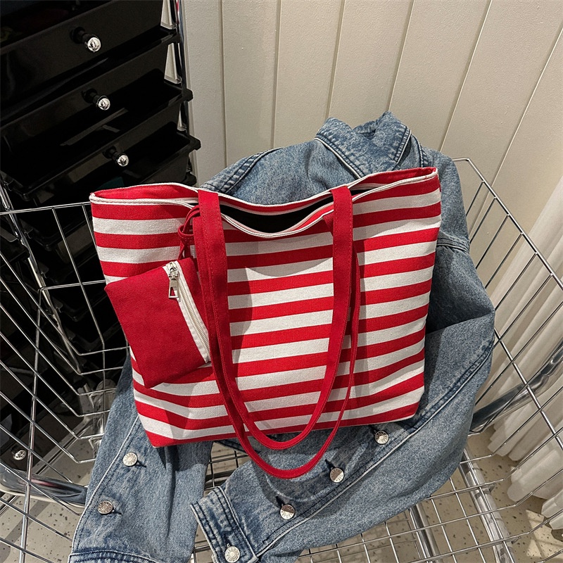 Túi Tote Đeo Vai Vải Canvas Họa Tiết Kẻ Sọc Cỡ Lớn Thời Trang Hàn Quốc 2023 Cho Nữ