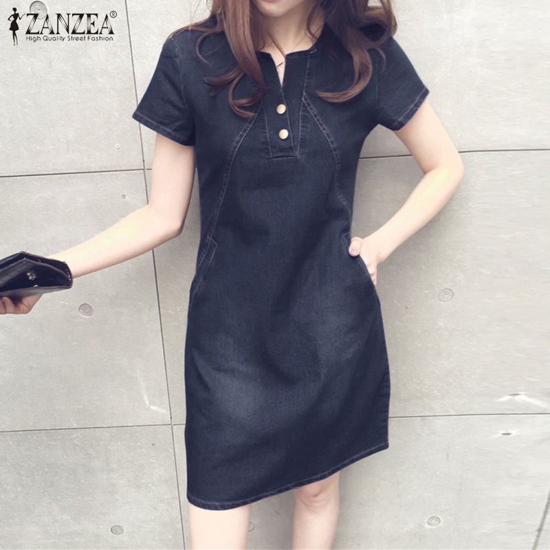 Đầm denim ZANZEA ngắn tay thời trang Hàn Quốc cho nữ
