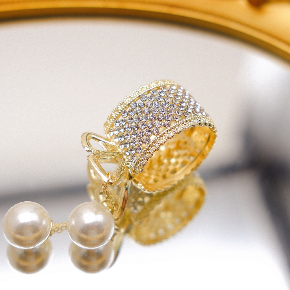 Kẹp Tóc Đuôi Ngựa Đính Đá / Ngọc Trai Giả Màu Vàng Đen Bằng Hợp Kim Chống Chảy Xệ Phong Cách Hàn Quốc Thời Trang Cho Nữ