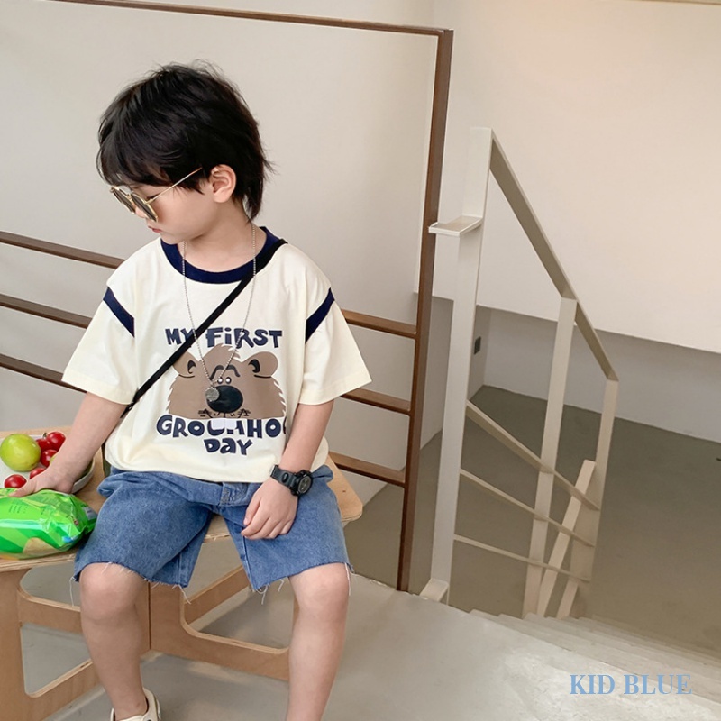 Bộ Áo Thun Tay Ngắn In Hoạt Hình Phối Quần Short Phối Màu Tương Phản Thời Trang Mùa Hè Cho Bé Trai