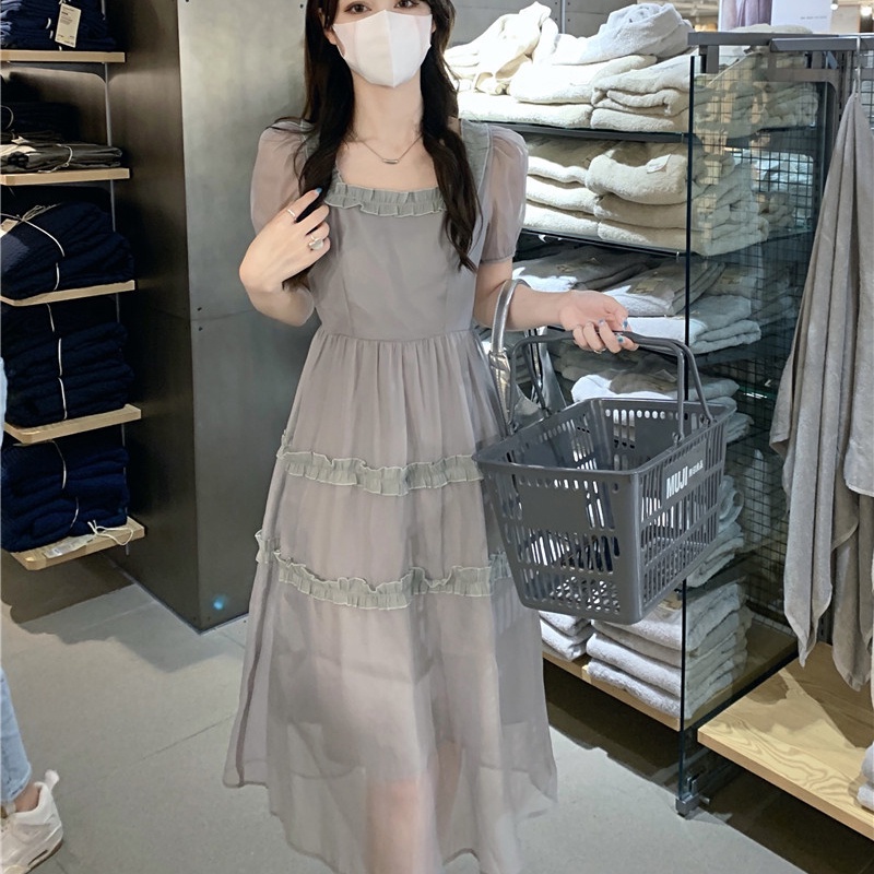 IELGY   Đầm Eo Cao Phối Ren Mỏng Màu Trơn Phong Cách IELGY    mori Dành Cho Nữ