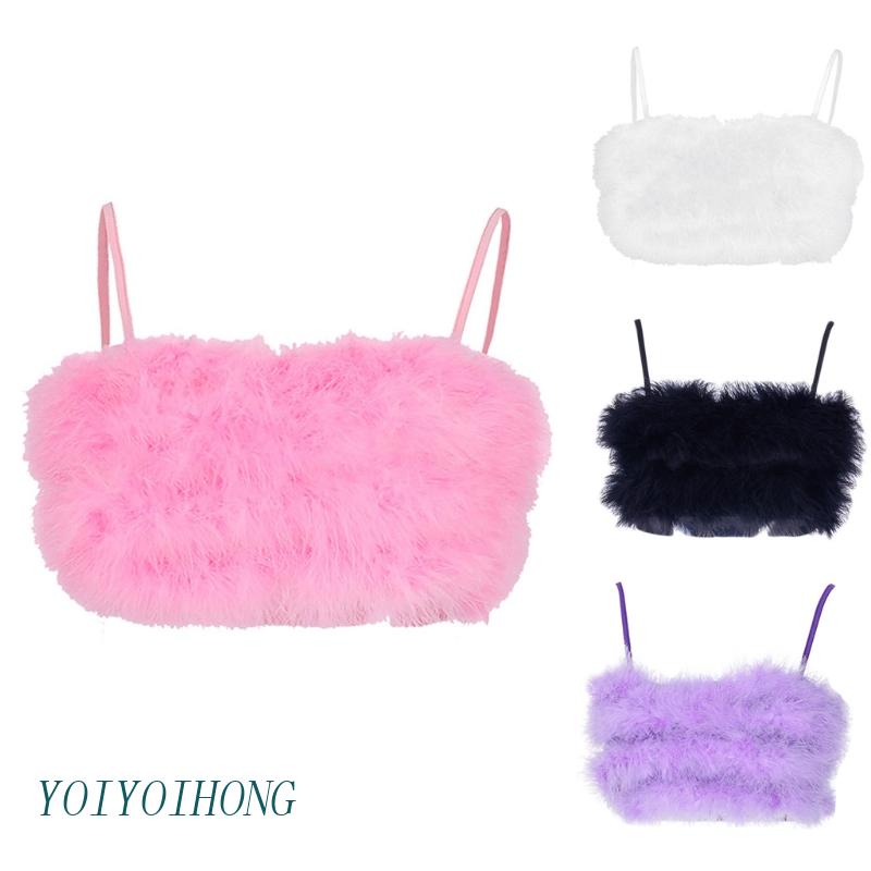 Áo Crop Top Hai Dây Lông Vũ Màu Trơn Gợi Cảm Cho Nữ