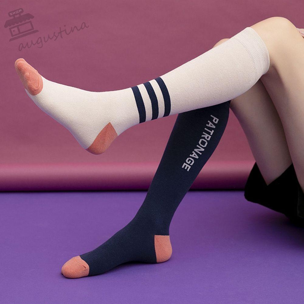 Tất ống bắp chân vải cotton màu trơn in chữ phối sọc ngọt ngào phong cách retro Nhật cho nữ