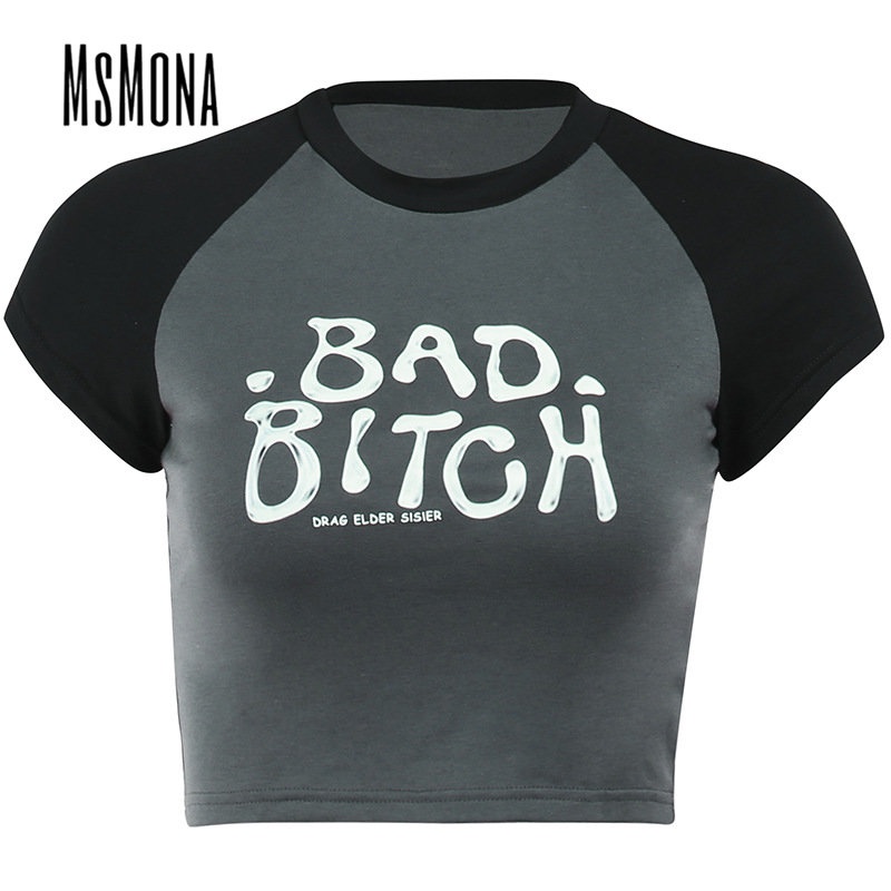 Áo Thun Tay Ngắn Cổ Tròn In Chữ Phối Màu Tương Phản Thời Trang 2023 Quyến Rũ Cho Nữ