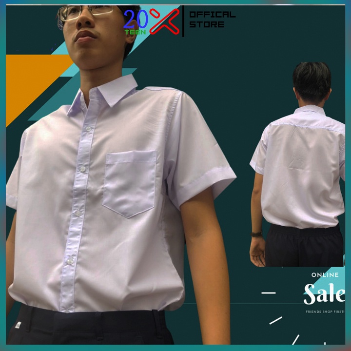 Áo sơ mi trắng nam đi học sinh tay ngắn và dài cấp 2 và 3 hàng tiêu chuẩn vạc ngang vải kate 20X93Q