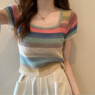 Áo Thun Dệt Kim Kẻ Sọc Cầu Vồng Ngắn Tay Thời Trang Nữ-AA1360