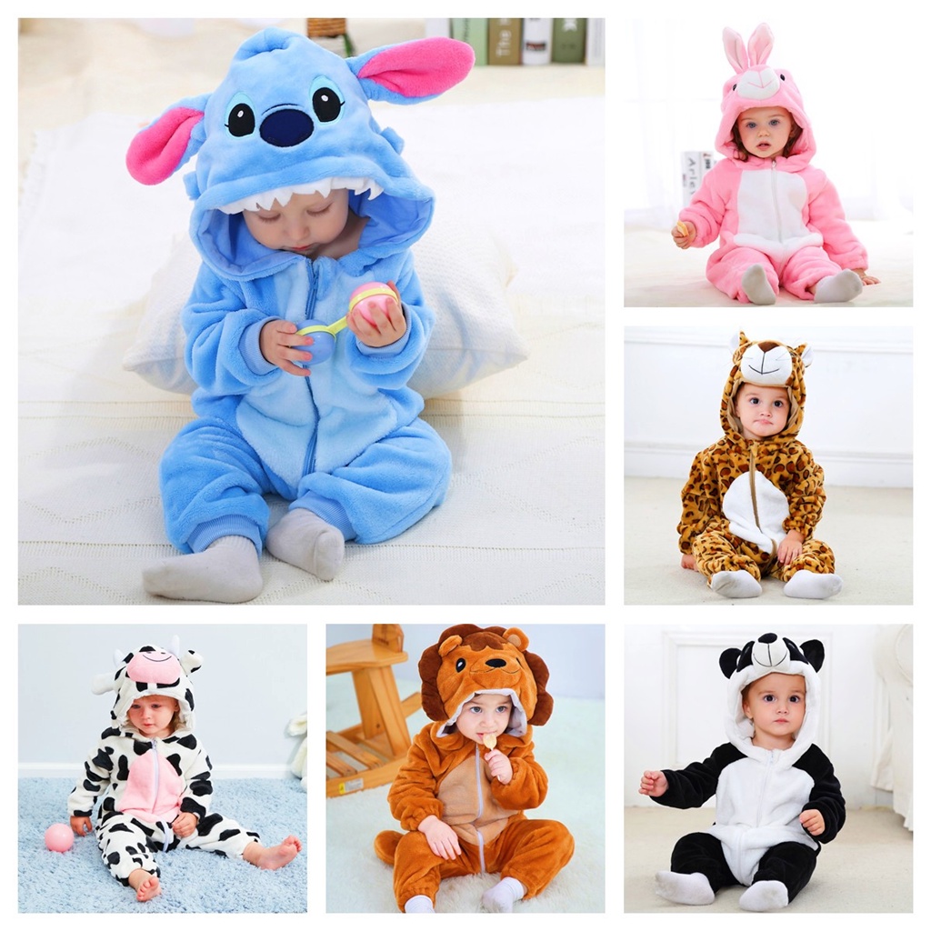 Bộ Áo Liền Quần Có Nón Trùm Đầu In Họa Tiết Hoạt Hình Động Vật / Stitch / Sư Tử / Kỳ Lân