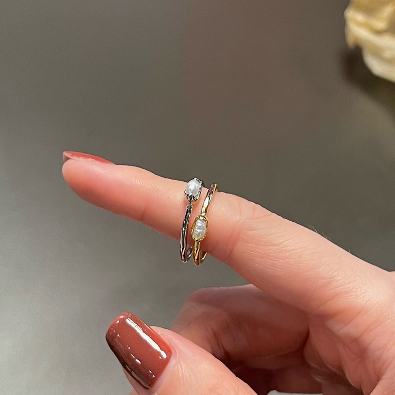 Nhẫn Hở Đính Ngọc Trai Kim Loại Phong Cách Retro Hàn Quốc Cho Nữ