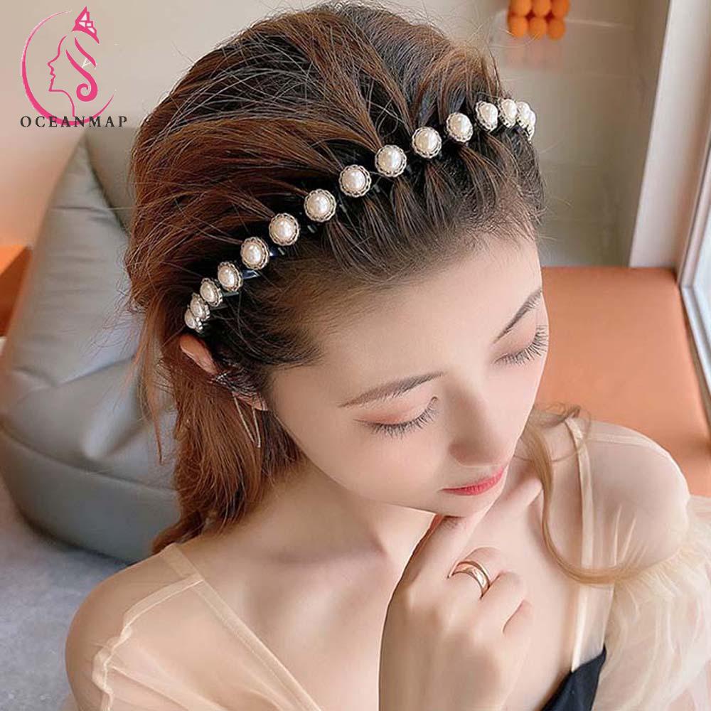 Băng Đô Cài Tóc Hình Cỏ Bốn Lá Đính Hạt Ngọc Trai Acrylic Đơn Giản Thời Trang Hàn Quốc Cho Nữ