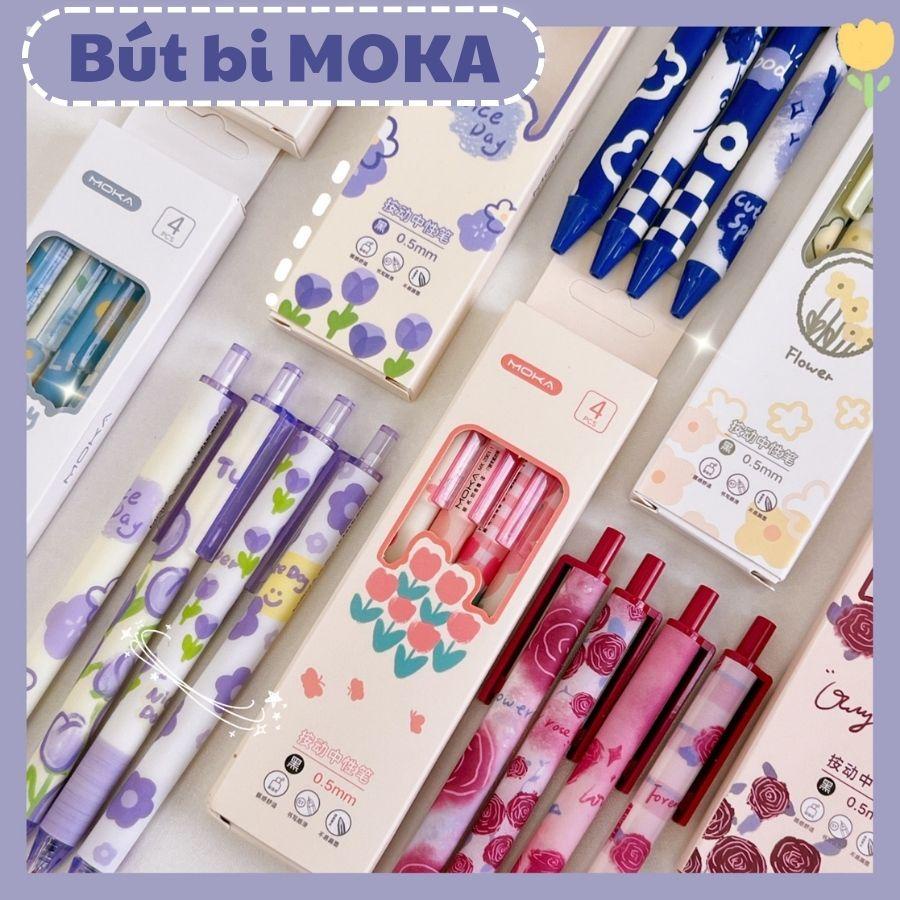 Combo 4 bút MOKA mực đen thân bút hoạ tiết dễ thương B78 theo tông màu pastel, set 4 bút gel ngòi 0.5mm