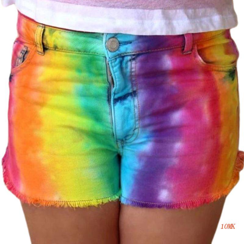 Quần Short Denim Phối Túi Màu Sắc Cầu Vồng Thời Trang Mùa Hè Dành Cho Nữ