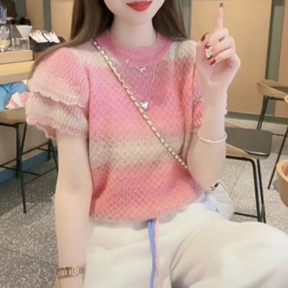 Áo Sweater Mỏng Tay Ngắn Phồng Họa Tiết Kẻ Sọc Cầu Vồng Phong Cách Thời Trang Mới 2023 Dành Cho Nữ