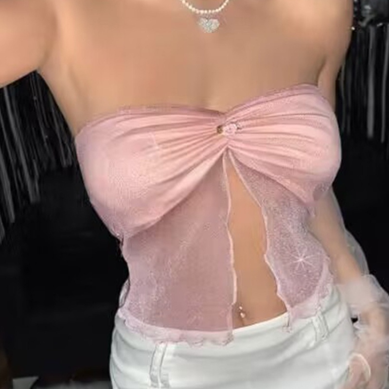 Xiangbao Áo Crop Top Dạng Lưới Không Tay Xẻ Tà Trước Ngực Gợi Cảm Y2K Off Shoul Cho Nữ