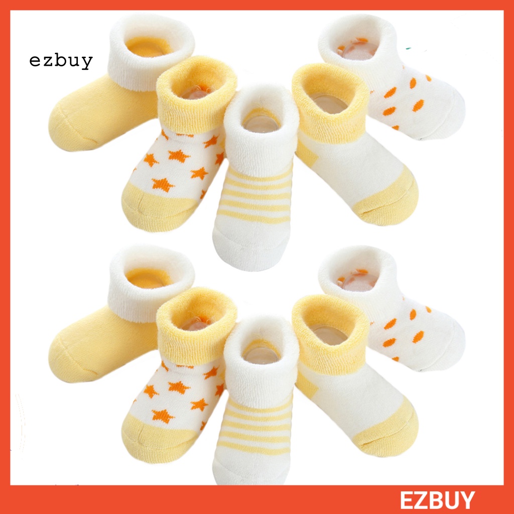 Set 5 Đôi Tất Dày Giữ Ấm Mùa Đông Chống Trượt In Họa Tiết Chấm Bi / Ngôi Sao Cho Bé