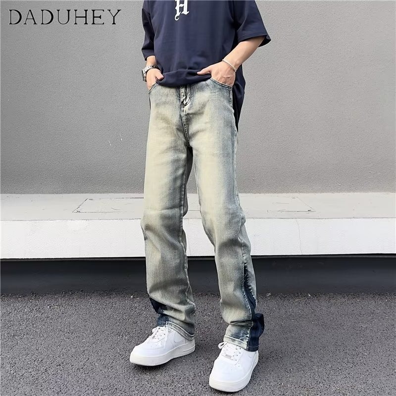 DaDuHey Men's and Women's American Retro Washed Yellow Mud-Color Jeans Fashionable Loose All-Match Casual Pants