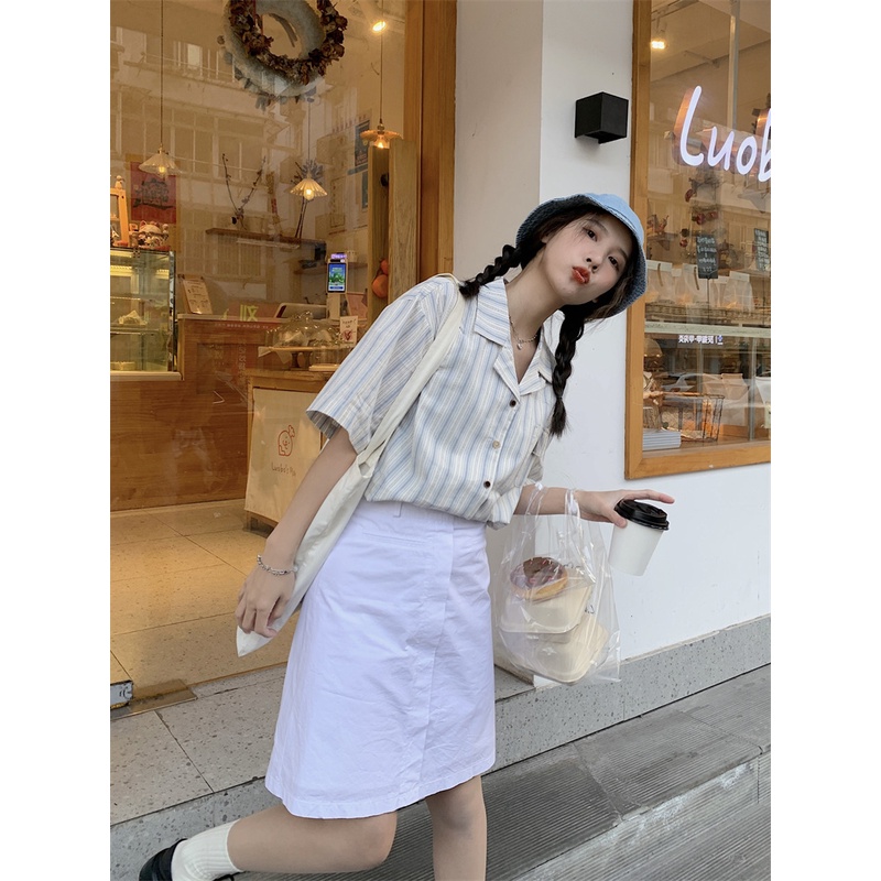 Áo Sơ Mi Tay Ngắn Dáng Rộng Họa Tiết Kẻ Sọc Phong Cách Hàn Quốc Thời Trang Mùa Hè Cho