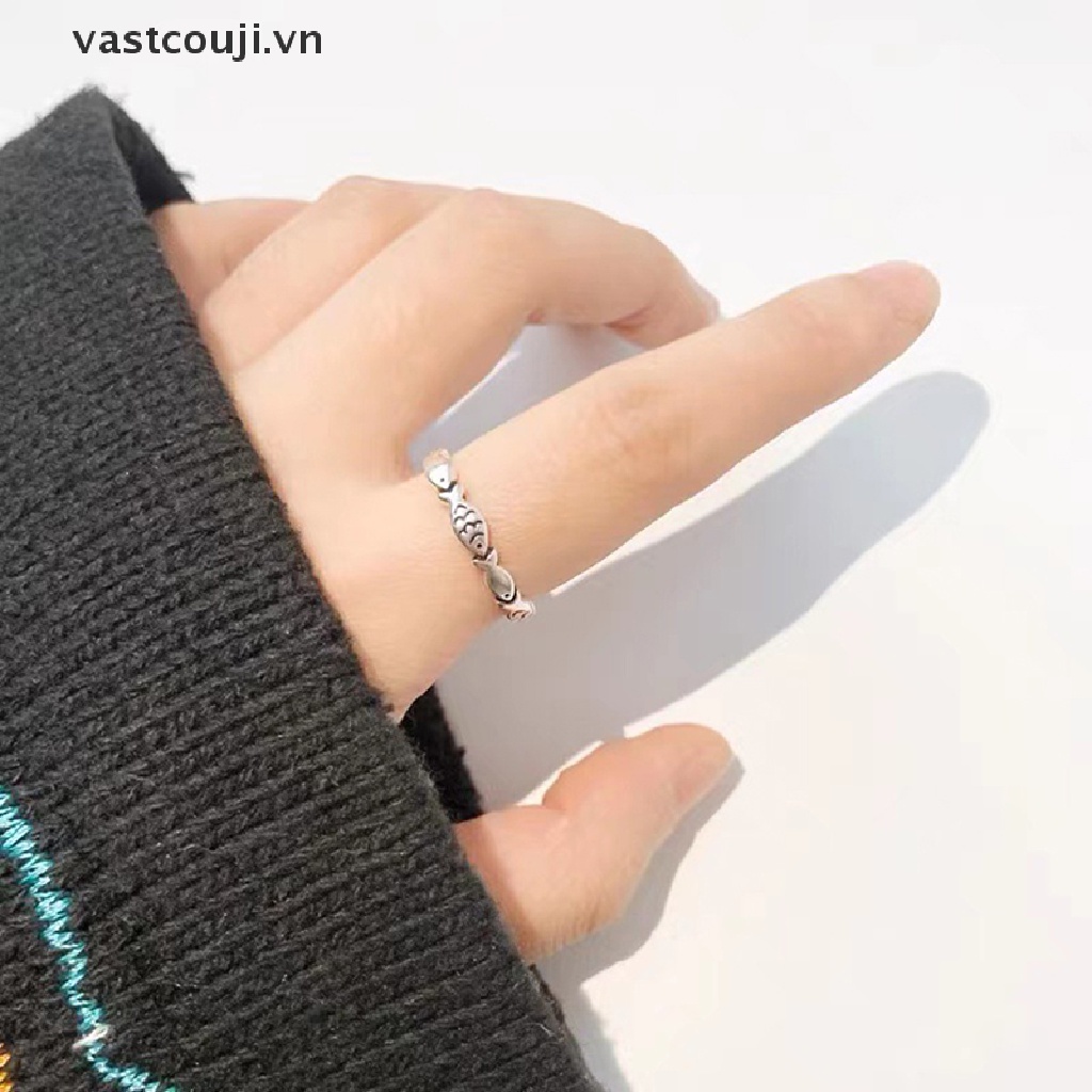 Nhẫn Hở Mạ Bạc Khắc Hình Cá Kiểu Vintage Sáng Tạo Có Thể Điều Chỉnh Kích Thước