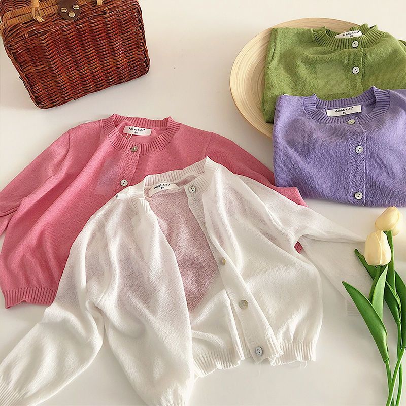 Áo Khoác cardigan Dệt Kim Mỏng Chống Nắng Màu Trơn Thời Trang Mùa Hè Cho Bé Gái