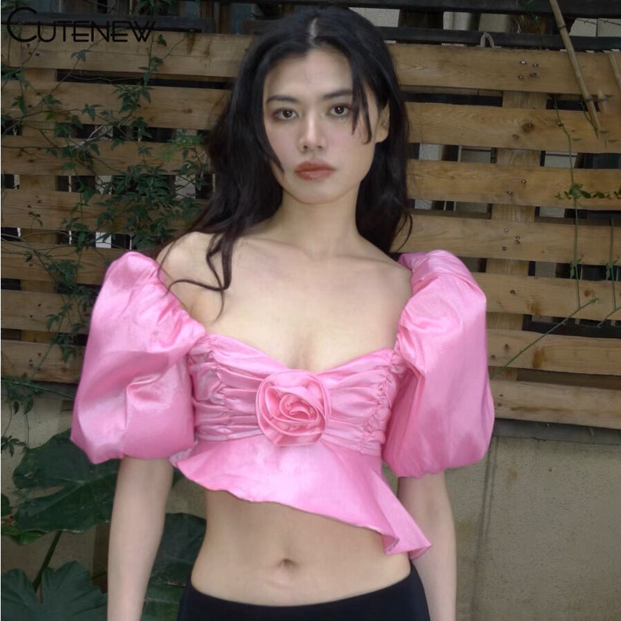 Kliou Áo Thun Crop Top Tay Ngắn Phồng Ôm Dáng Mẫu Mới 2023 Trang Trí Hoa Phong Cách Pháp Cổ Điển Dành Cho Bạn Nữ