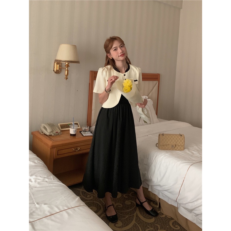 SUXI Bộ Áo Khoác Blazer Ngắn Tay + Đầm Ôm Không Tay Màu Sắc Đơn Giản Phong Cách Vintage Hàn Quốc