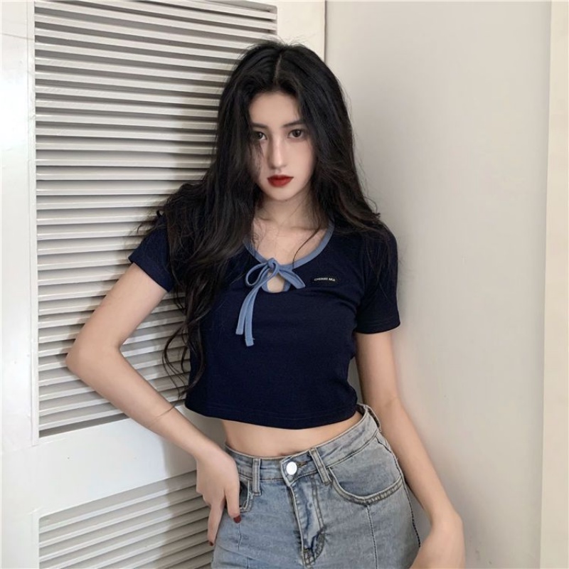 Áo Croptop Cổ Chữ V Thắt Nơ Xinh Xắn Thời Trang Hè Cho Nữ