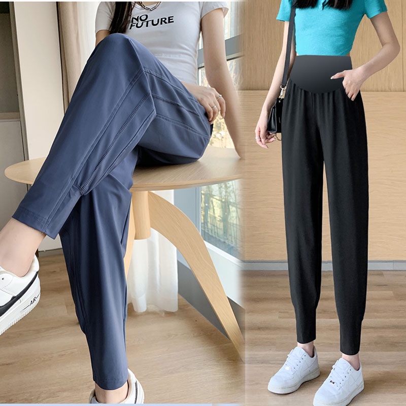 Quần Thể Thao Mùa Hè Dáng Rộng Bằng Lụa Mỏng Kích Thước Lớn Mặc Ngoài Trời Cho Bà Bầu