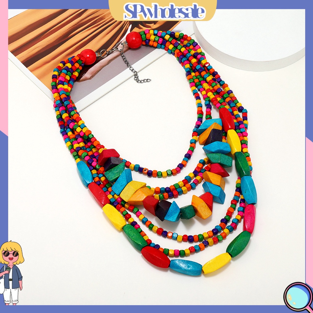 &lt;SPwholesale&gt; Vòng Cổ Chuỗi Hạt Gỗ Tua Rua Nhiều Lớp Nhiều Màu Sắc Thủ Công Thời Trang Dân Tộc Trang Sức Tiệc Kỳ Nghỉ