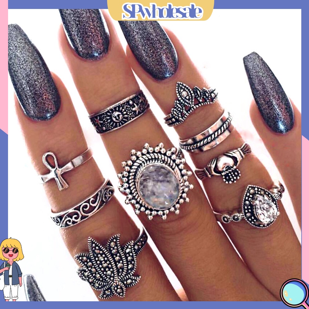 <SPwholesale> Set 9 Nhẫn Đốt Ngón Tay Đính Đá Phong Cách Retro