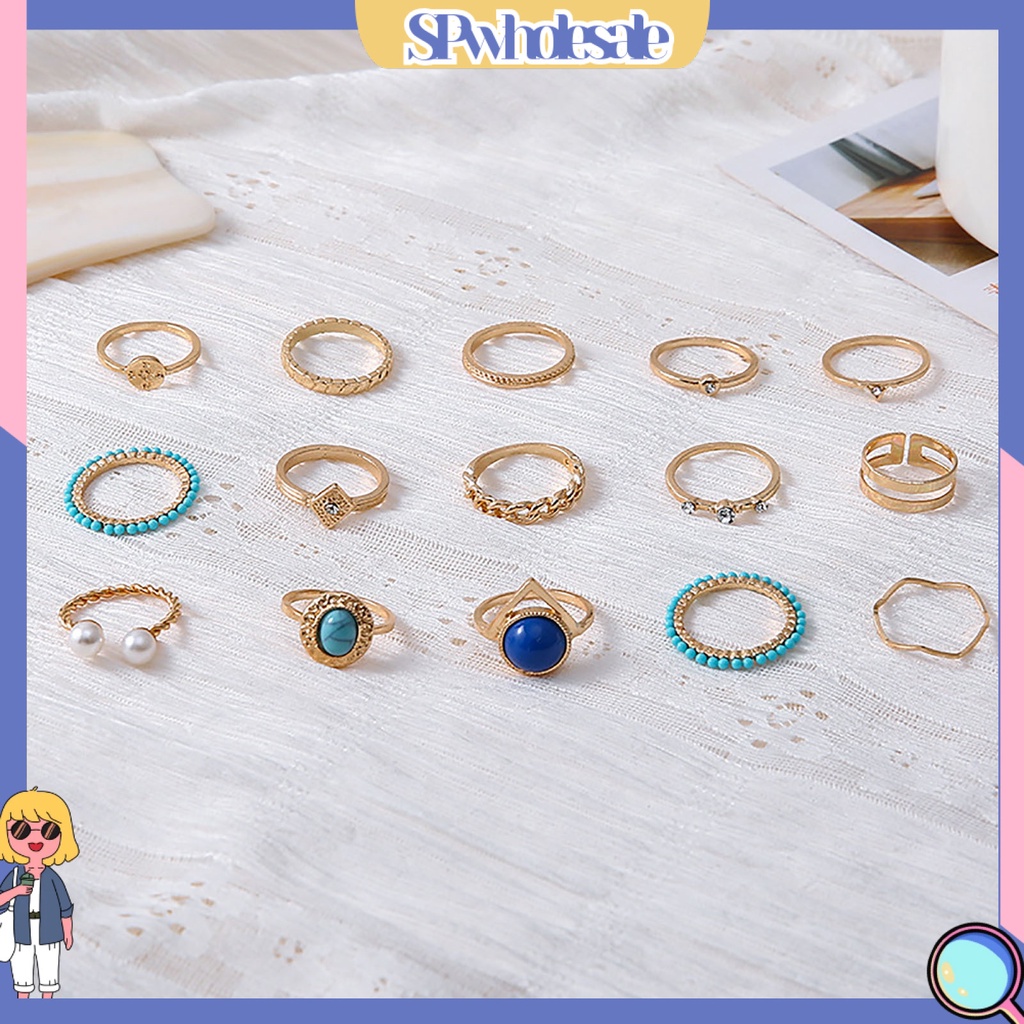 <SPwholesale> Set 15 Nhẫn Đeo Khớp Ngón Tay Đính Ngọc Trai Giả Thời Trang