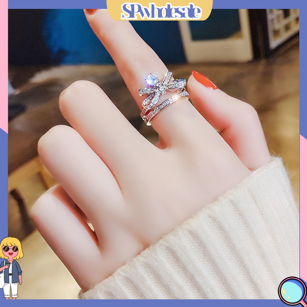 <SPwholesale> Nhẫn Hở Hai Lớp Đính Đá Zircon Hình Nơ Bằng Hợp Kim Sang Trọng Cho Ngày Valentine