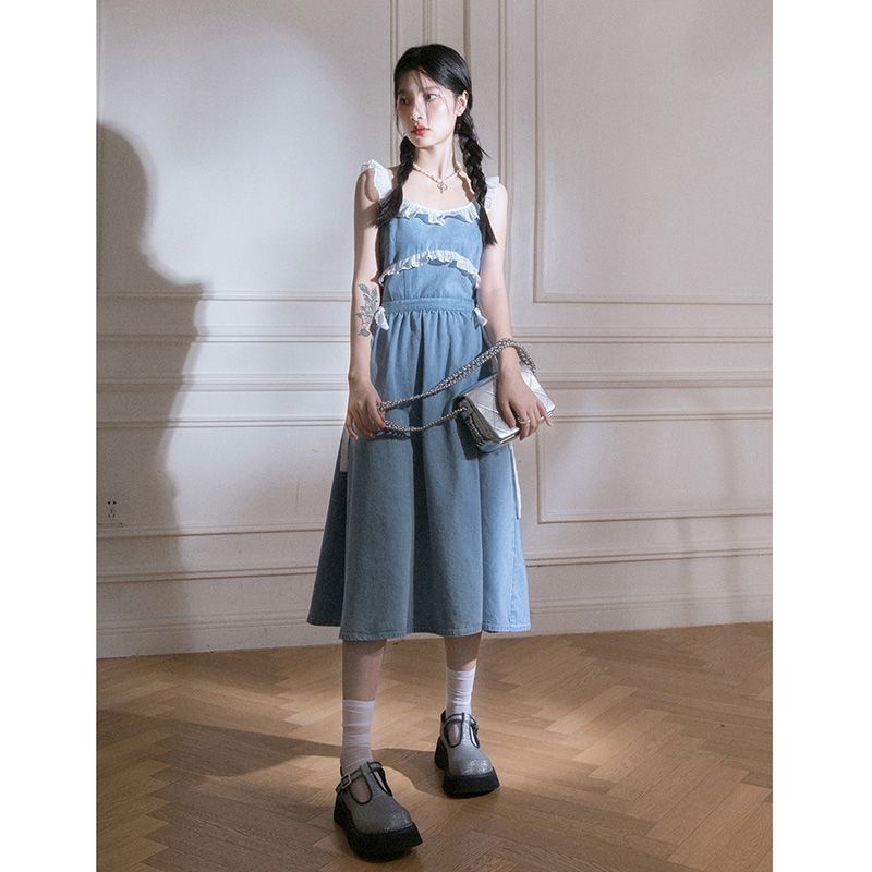 Đầm Denim Phối Ren Màu Xanh Dương Thời Trang Mùa Hè Hàn Quốc Mới