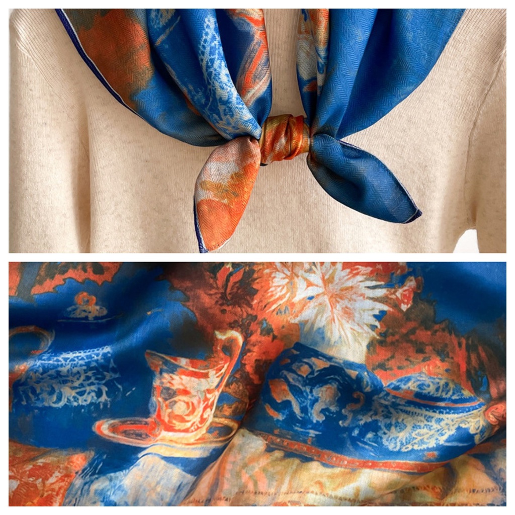 Khăn Choàng Cổ Hình Vuông Cỡ Nhỏ Vải Nhung Cotton Lanh In Họa Tiết Tranh Sơn Dầu Kiểu Retro Thời Trang Xuân Thu 65x65cm
