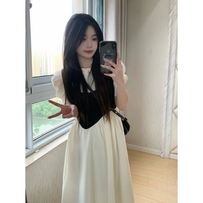 Đầm Nữ Giả Hai Lớp Nhấn Eo Phong Cách Retro Thời Trang