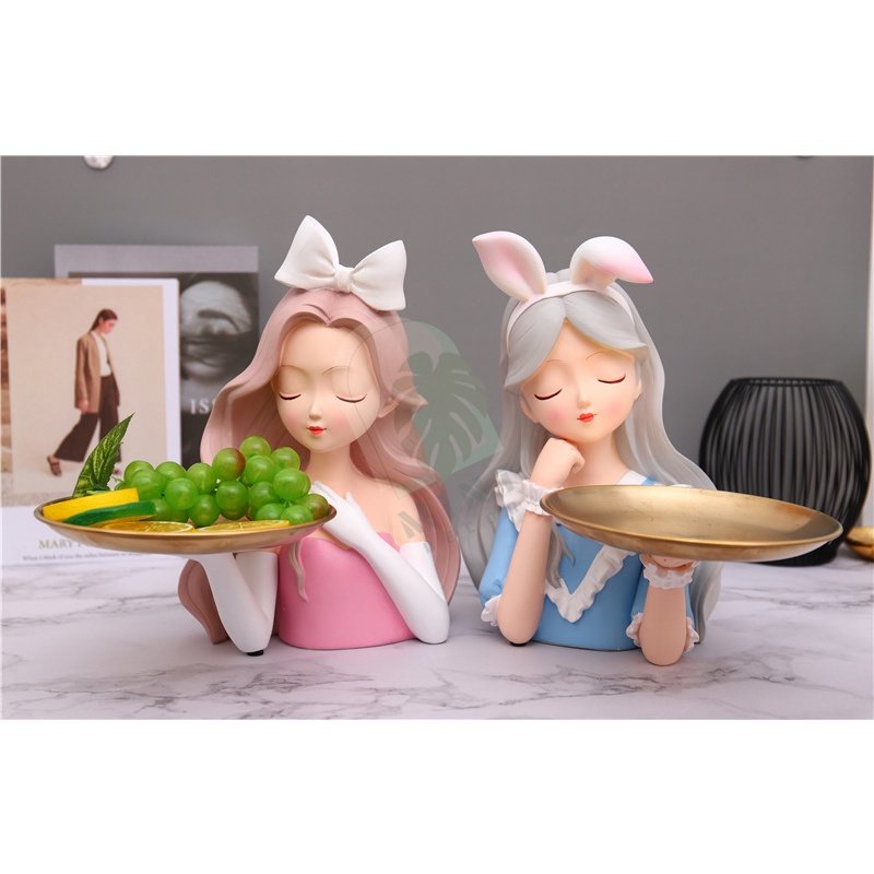 Tượng cô gái bê đĩa trang trí nhà cửa MINT DECOR khay đựng chìa khóa bánh kẹo quà tặng khai trương