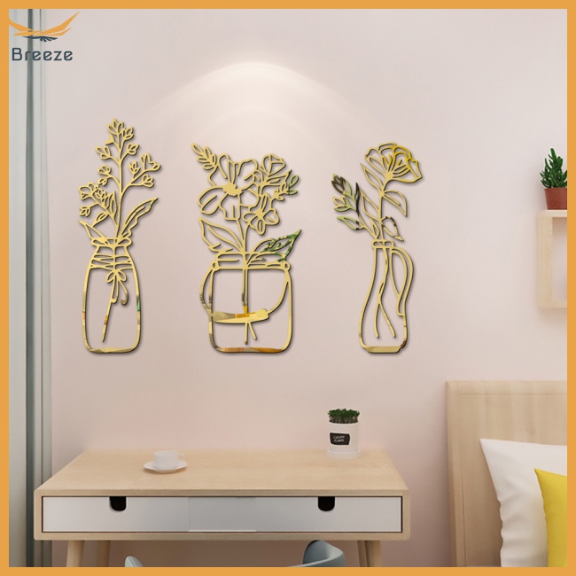 Bộ 3 Miếng Dán Tường Trang Trí Tráng Gương Acrylic Hình Lọ Hoa 3d Rỗng Tự Dính Trang Trí Nhà Cửa
