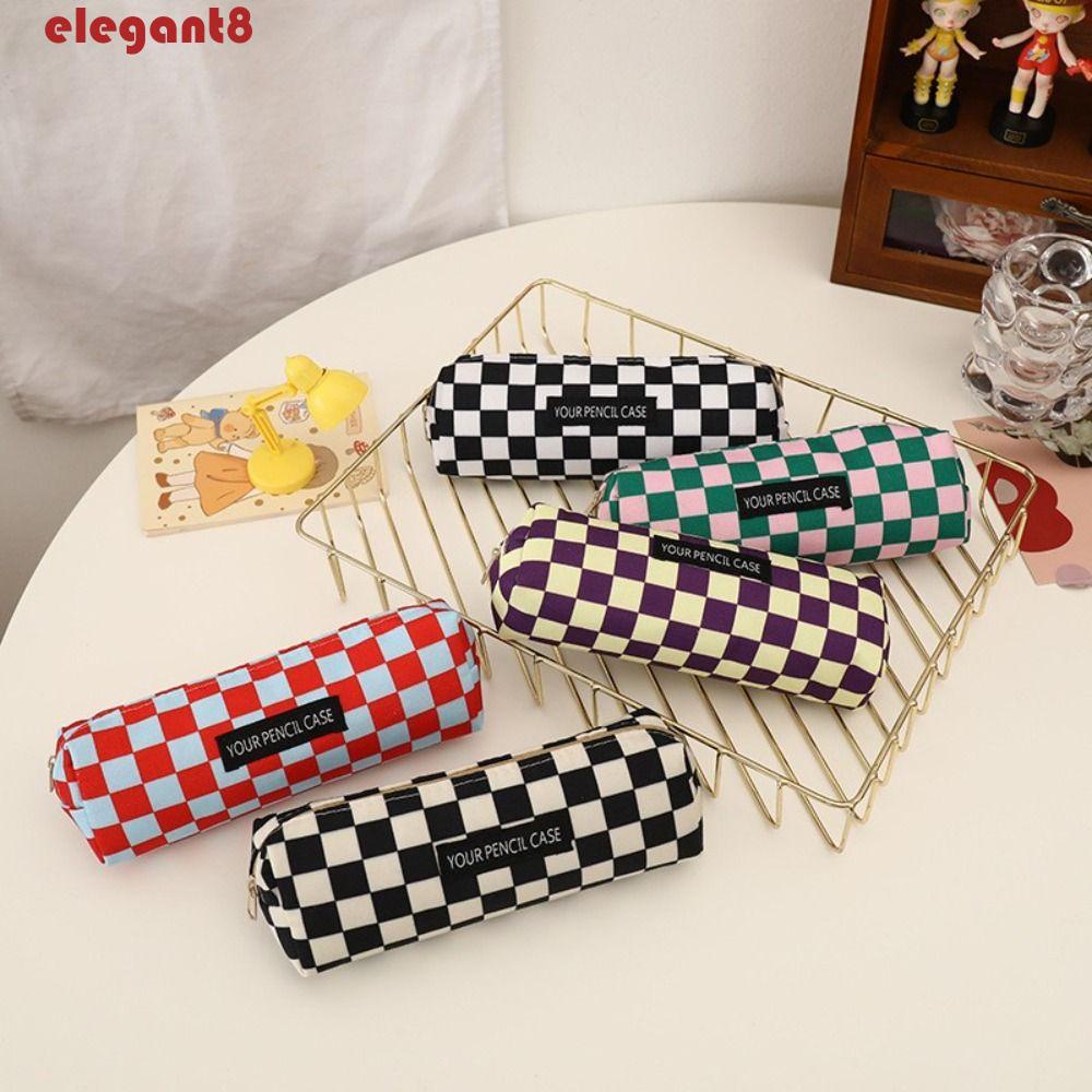 Túi Đựng Bút Bằng Vải Họa Tiết Kẻ Ô Sức Chứa Lớn