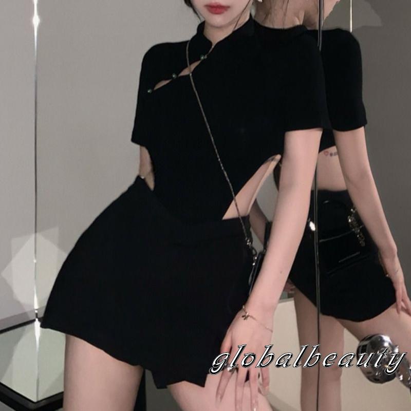 Áo Liền Quần Ngắn Tay Cổ Đứng Khoét Lỗ Cắt Eo Phối Nút Thời Trang Cho Nữ